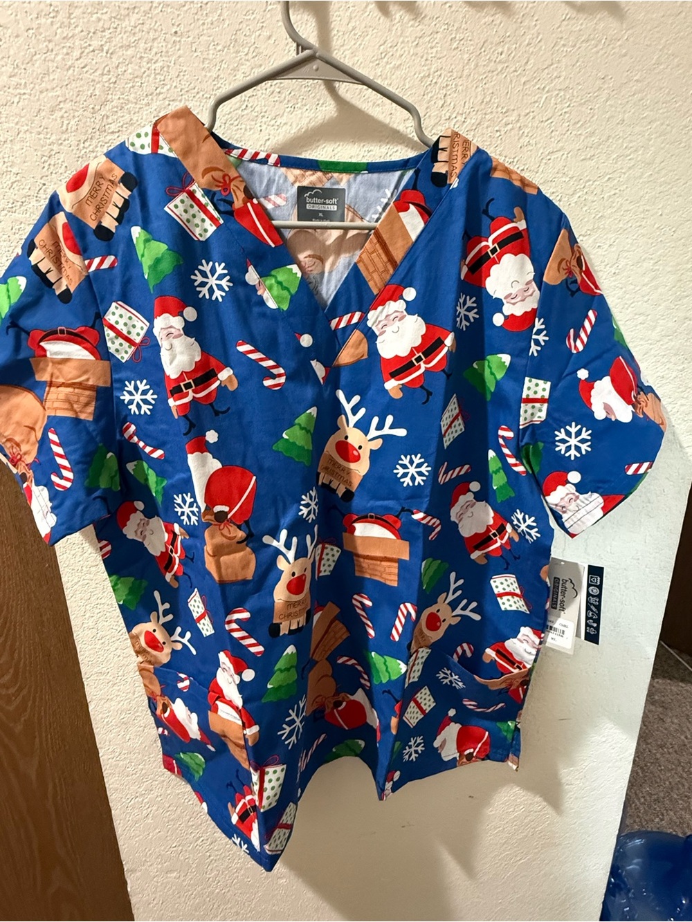 Festive Blue Christmas Print Scrub Top - Santa & Reindeer